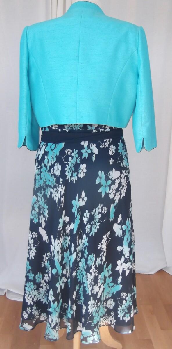Jacques Vert AEGEAN RANGE FIT & FLARE DRESS IN NAVY BLUE CREPE CHIFFON AEGEAN GREEN FLORAL PRINT & AEGEAN GREEN SHANTUNG SHORT JACKET OPTIONAL NAVY CHIFFON SASH