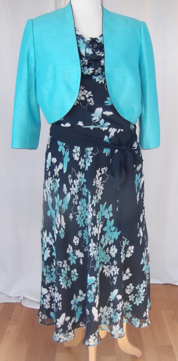 jacques vert AEGEAN RANGE FIT & FLARE DRESS IN NAVY BLUE CREPE CHIFFON AEGEAN GREEN FLORAL PRINT & AEGEAN GREEN SHANTUNG SHORT JACKET OPTIONAL NAVY CHIFFON SASH