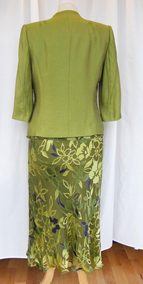 Jacques Vert AMETHYST & PERIDOT RANGE GREEN 26% SILK DEVORE SKIRT & TOP PERIDOT & AMETHYST FLORAL PRINT PERIDOT CREASED LOOK JACKET