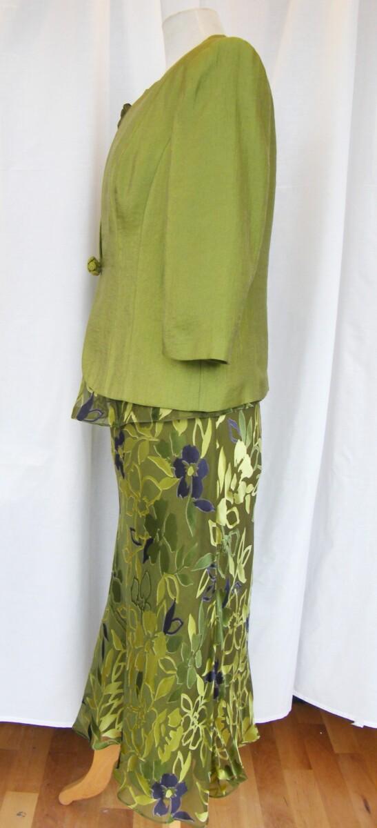 Jacques Vert AMETHYST & PERIDOT RANGE GREEN 26% SILK DEVORE SKIRT & TOP PERIDOT & AMETHYST FLORAL PRINT PERIDOT CREASED LOOK JACKET