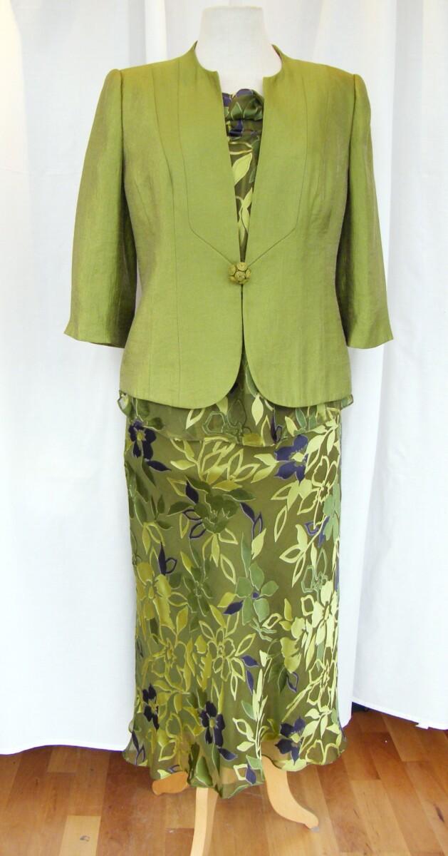 jacques vert AMETHYST & PERIDOT RANGE GREEN 26% SILK DEVORE SKIRT & TOP PERIDOT & AMETHYST FLORAL PRINT PERIDOT CREASED LOOK JACKET