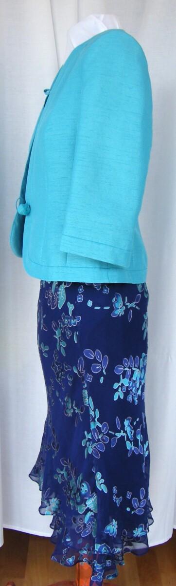 Jacques Vert ANTIGUA RANGE ANTIGUA BLUE CHIFFON 54% SILK DEVORE SKIRT & TOP ABSTRACT PRINT & ANTIGUA SHANTUNG JACKET IN SPA BLUE