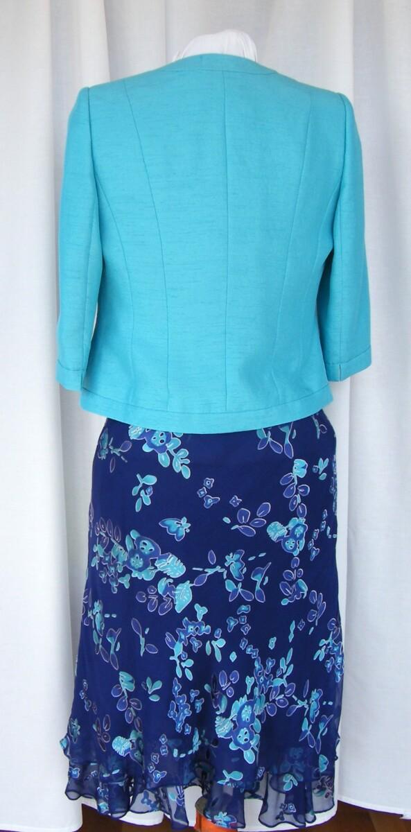 Jacques Vert ANTIGUA RANGE ANTIGUA BLUE CHIFFON 54% SILK DEVORE SKIRT & TOP ABSTRACT PRINT & ANTIGUA SHANTUNG JACKET IN SPA BLUE