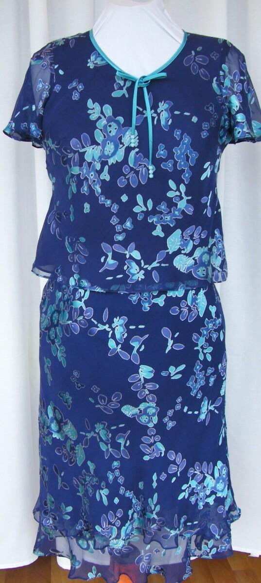 Jacques Vert ANTIGUA RANGE ANTIGUA BLUE CHIFFON 54% SILK DEVORE SKIRT & TOP ABSTRACT PRINT & ANTIGUA SHANTUNG JACKET IN SPA BLUE