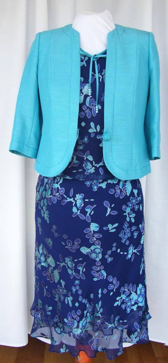 jacques vert ANTIGUA RANGE ANTIGUA BLUE CHIFFON 54% SILK DEVORE SKIRT & TOP ABSTRACT PRINT & ANTIGUA SHANTUNG JACKET IN SPA BLUE