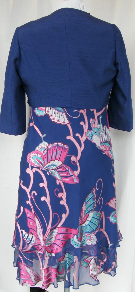 Jacques Vert ANTIGUA RANGE NAVY CHIFFON DRESS 52% SILK DEVORE BUTTERFLY PRINT ANTIGUA BLUE SHANTUNG SHORT JACKET