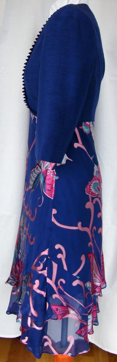 Jacques Vert ANTIGUA RANGE NAVY CHIFFON DRESS 52% SILK DEVORE BUTTERFLY PRINT ANTIGUA BLUE SHANTUNG SHORT JACKET