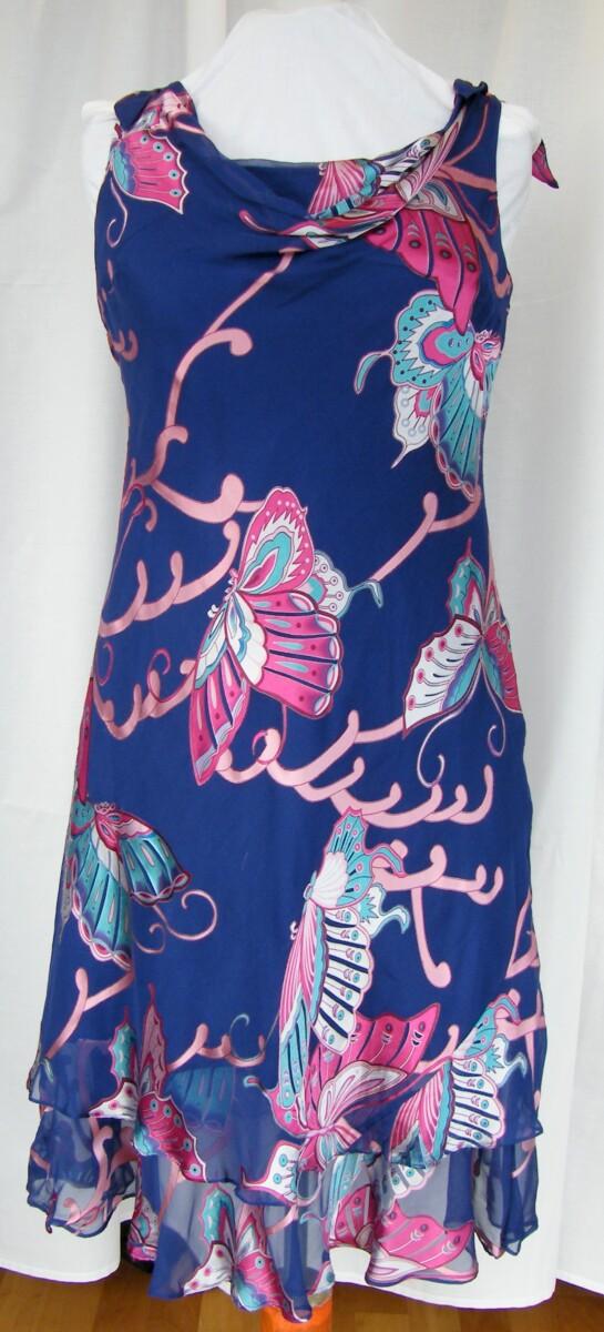 Jacques Vert ANTIGUA RANGE NAVY CHIFFON DRESS 52% SILK DEVORE BUTTERFLY PRINT ANTIGUA BLUE SHANTUNG SHORT JACKET