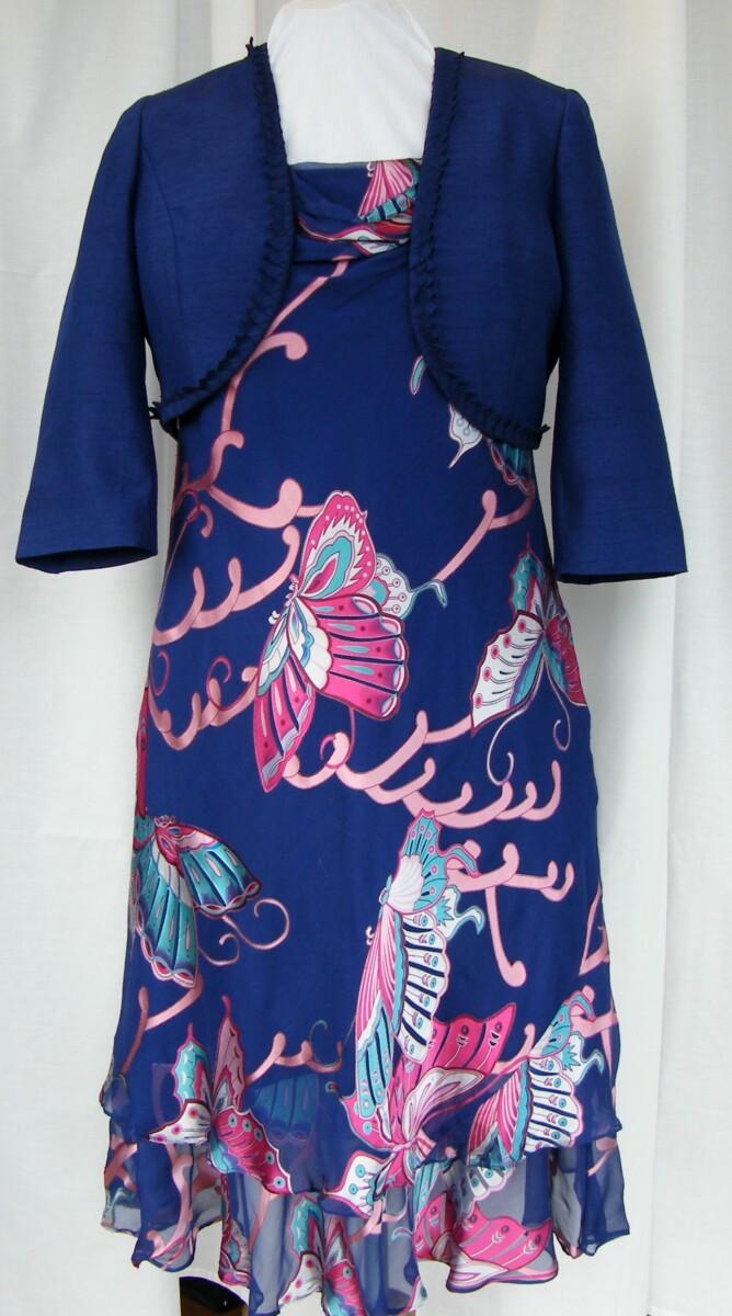 jacques vert ANTIGUA RANGE NAVY CHIFFON DRESS 52% SILK DEVORE BUTTERFLY PRINT ANTIGUA BLUE SHANTUNG SHORT JACKET