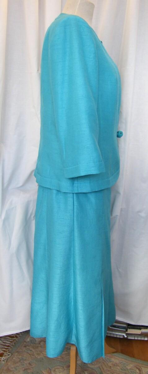 Jacques Vert ANTIGUA RANGE SPA BLUE SHANTUNG JACKET & SKIRT ANTIGUA BLUE CHIFFON 54% SILK DEVORE SKIRT & TOP ABSTRACT PRINT