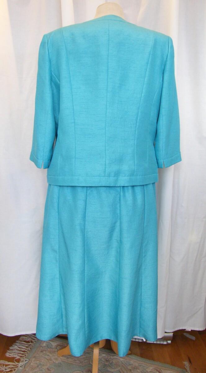 Jacques Vert ANTIGUA RANGE SPA BLUE SHANTUNG JACKET & SKIRT ANTIGUA BLUE CHIFFON 54% SILK DEVORE SKIRT & TOP ABSTRACT PRINT