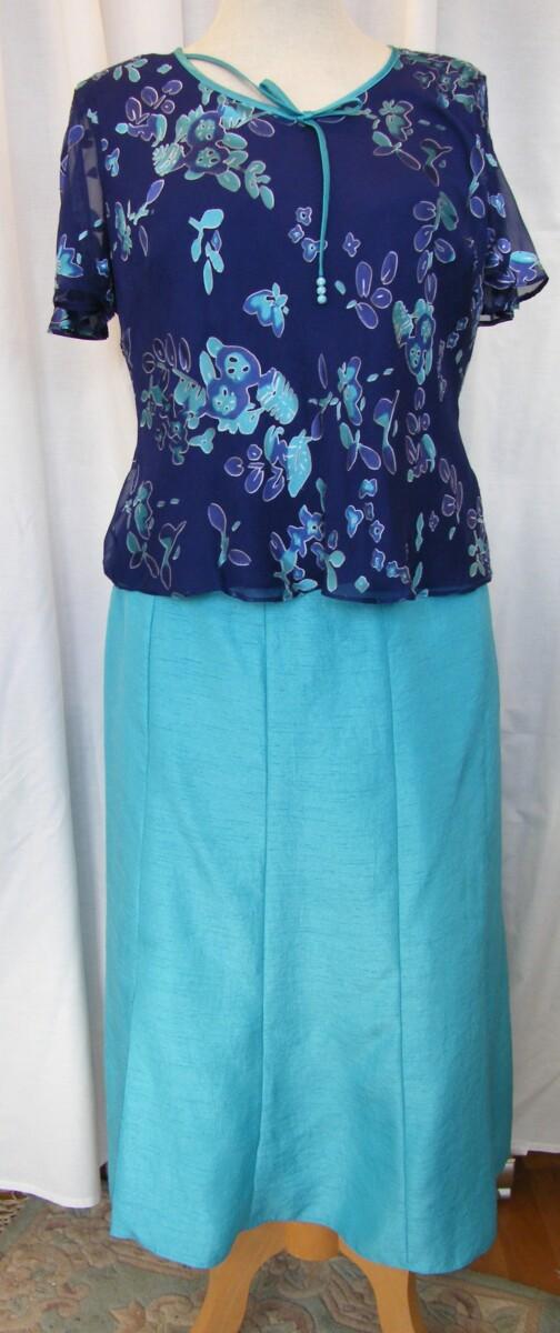 Jacques Vert ANTIGUA RANGE SPA BLUE SHANTUNG JACKET & SKIRT ANTIGUA BLUE CHIFFON 54% SILK DEVORE SKIRT & TOP ABSTRACT PRINT
