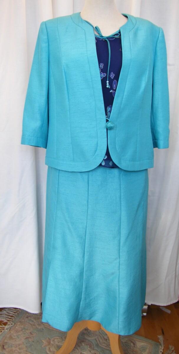 jacques vert ANTIGUA RANGE SPA BLUE SHANTUNG JACKET & SKIRT ANTIGUA BLUE CHIFFON 54% SILK DEVORE SKIRT & TOP ABSTRACT PRINT
