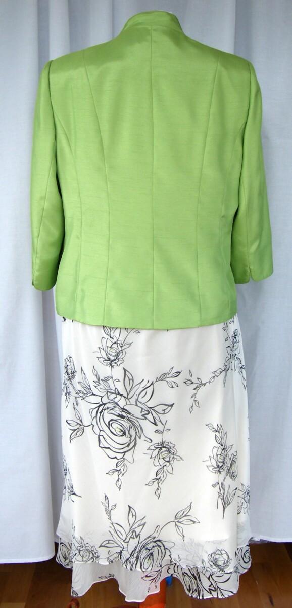 Jacques Vert APPLE GREEN SHANTUNG JACKET MATCHING IVORY CHIFFON SKIRT & TOP BLACK OUTLINE PRINT GREEN CENTRES