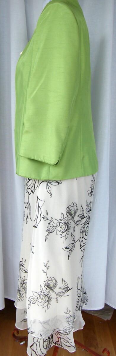 Jacques Vert APPLE GREEN SHANTUNG JACKET MATCHING IVORY CHIFFON SKIRT & TOP BLACK OUTLINE PRINT GREEN CENTRES