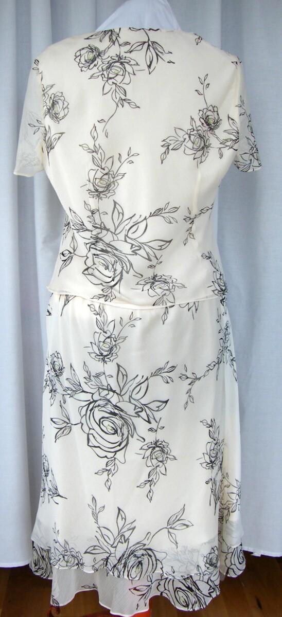 Jacques Vert APPLE GREEN SHANTUNG JACKET MATCHING IVORY CHIFFON SKIRT & TOP BLACK OUTLINE PRINT GREEN CENTRES