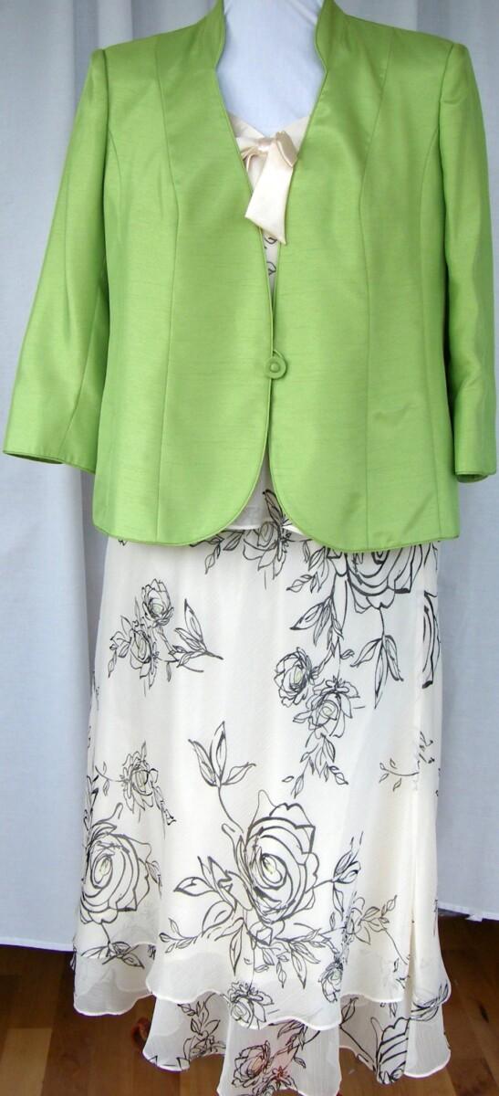 jacques vert APPLE GREEN SHANTUNG JACKET MATCHING IVORY CHIFFON SKIRT & TOP BLACK OUTLINE PRINT GREEN CENTRES