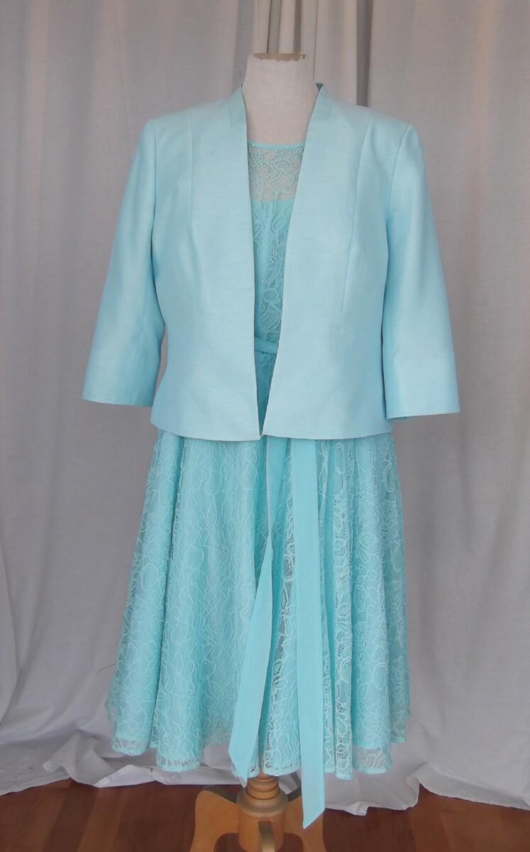 jacques vert AQUA/ LIGHT TURQUOISE LACE PROM DRESS MATCHING AQUA/ LIGHT TURQUOISE SHANTUNG JACKET