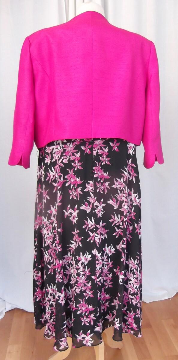 Jacques Vert BLACK CREPE CHIFFON DRESS FUCHSIA PINK STAR PRINT & FUCHSIA PINK SHANTUNG SHORT JACKET PIPED IN BLACK
