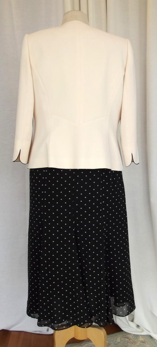 Jacques Vert BLACK CREPE CHIFFON SKIRT & TOP IVORY SPOT PRINT IVORY CREPE JACKET EDGED IN BLACK