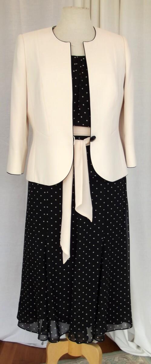 jacques vert BLACK CREPE CHIFFON SKIRT & TOP IVORY SPOT PRINT IVORY CREPE JACKET EDGED IN BLACK