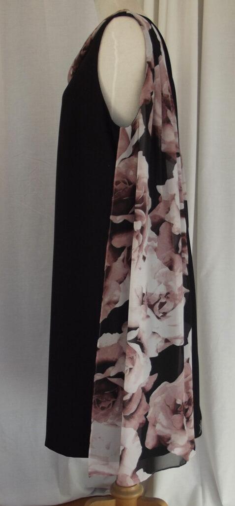 Jacques Vert BLACK CREPE SHIFT DRESS SCARF NECKLINE OF BROWN FLORAL PRINT CHIFFON SCARF TAILS DOWN BACK TO HEM