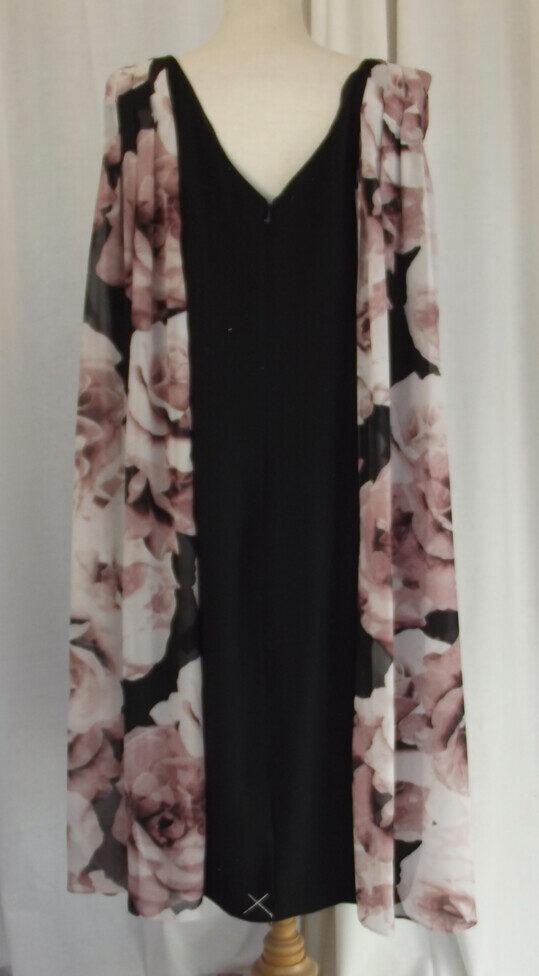 Jacques Vert BLACK CREPE SHIFT DRESS SCARF NECKLINE OF BROWN FLORAL PRINT CHIFFON SCARF TAILS DOWN BACK TO HEM