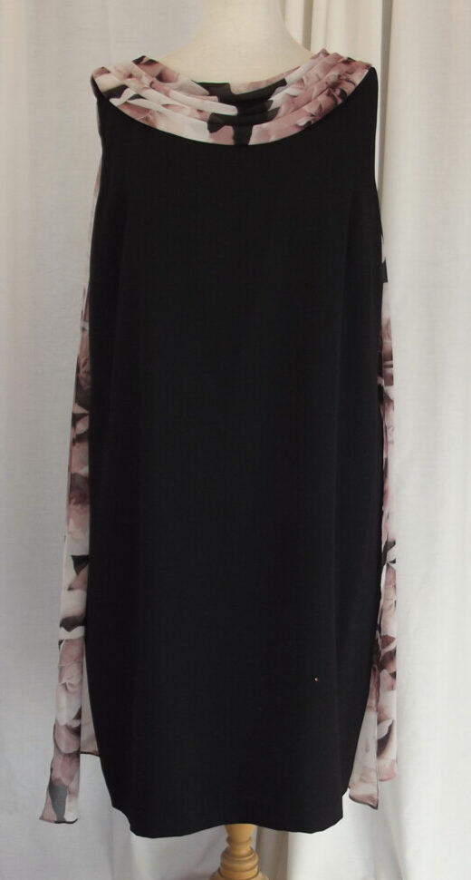 jacques vert BLACK CREPE SHIFT DRESS SCARF NECKLINE OF BROWN FLORAL PRINT CHIFFON SCARF TAILS DOWN BACK TO HEM