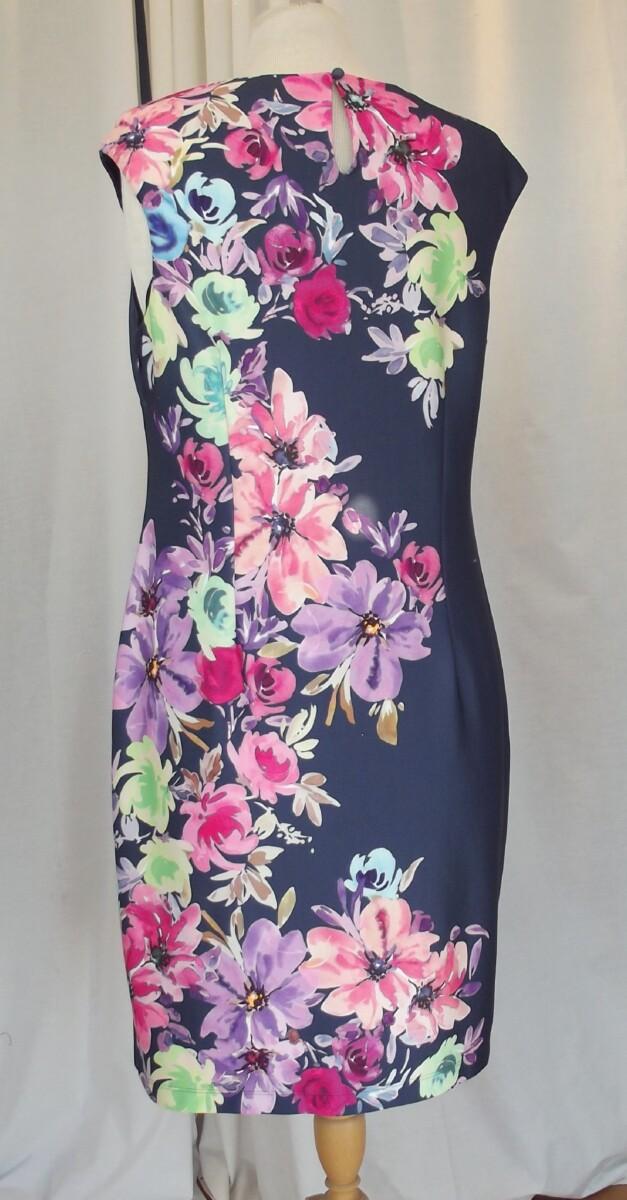 Jacques Vert BLACK CREPE SLEEVELESS ” WIGGLE” DRESS FROM JACQUES VERT COLLECTION MULTICOLOURED FLORAL PLACEMENT PRINT