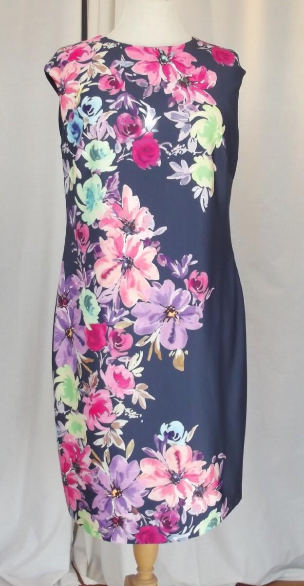 jacques vert BLACK CREPE SLEEVELESS ” WIGGLE” DRESS FROM JACQUES VERT COLLECTION MULTICOLOURED FLORAL PLACEMENT PRINT