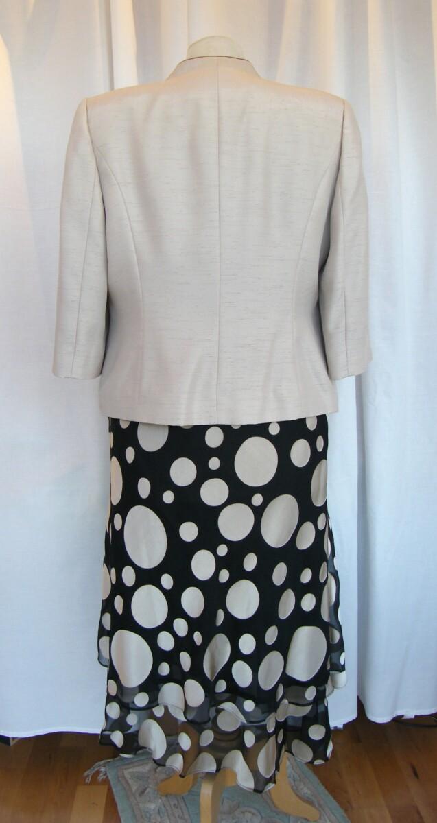 Jacques Vert BLACK DEVORE SKIRT & TOP GOLD SPOT PRINT OF VARIOUS SIZES. PALE GOLD SHANTUNG JACKET EDGED IN BLACK
