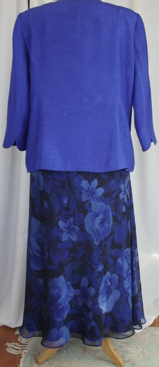 Jacques Vert BLACK ORGANZA CHIFFON COBALT BLUE ROSE HEAD PRINT TOP & SKIRT MATCHING COBALT BLUE SHANTUNG JACKET