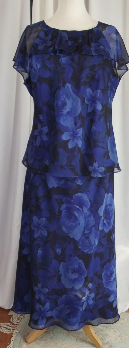 Jacques Vert BLACK ORGANZA CHIFFON COBALT BLUE ROSE HEAD PRINT TOP & SKIRT MATCHING COBALT BLUE SHANTUNG JACKET