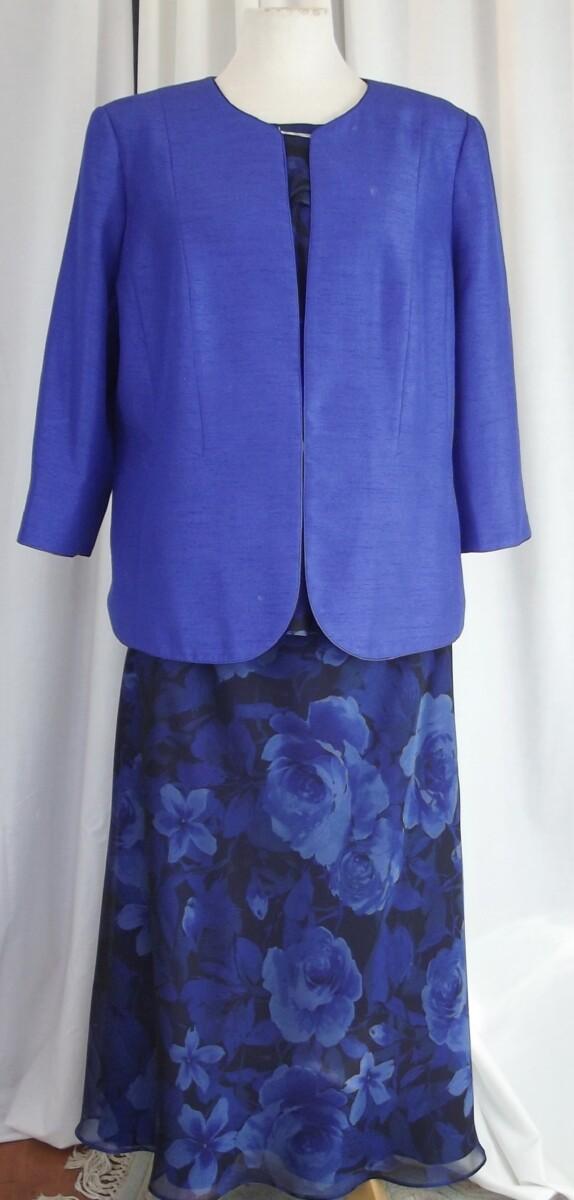 jacques vert BLACK ORGANZA CHIFFON COBALT BLUE ROSE HEAD PRINT TOP & SKIRT MATCHING COBALT BLUE SHANTUNG JACKET