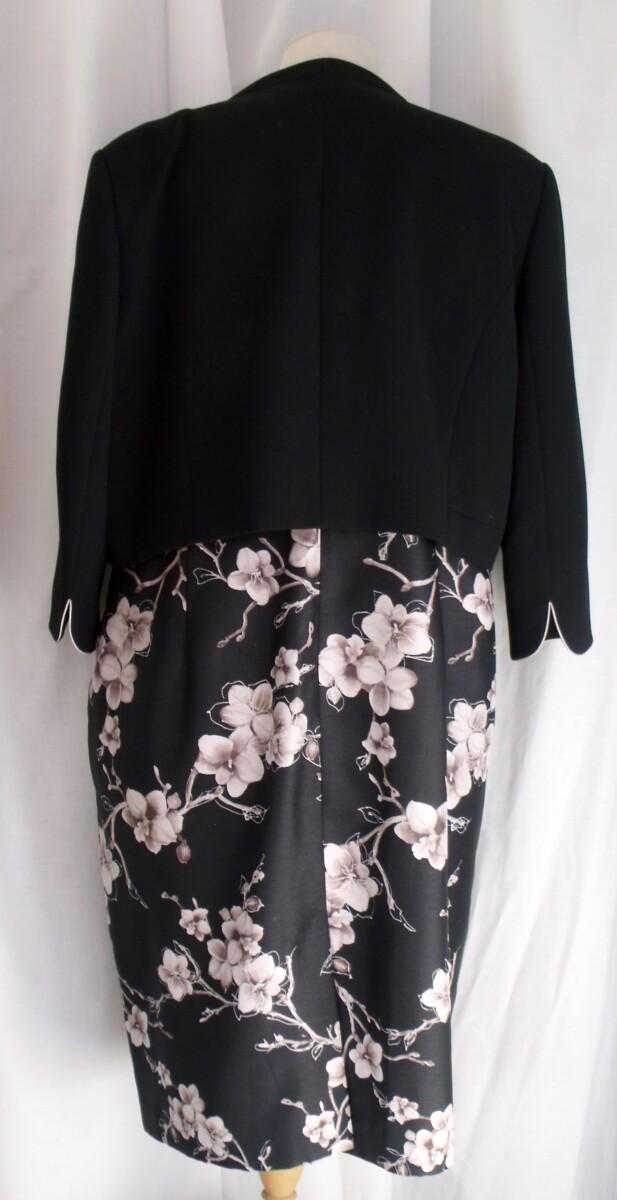 Jacques Vert BLACK SHANTUNG SHIFT DRESS TAUPE ORCHID PRINT BLACK CREPE SHORT JACKET EDGED IN TAUPE CORSAGE INCLUDED