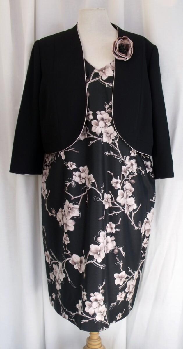 jacques vert BLACK SHANTUNG SHIFT DRESS TAUPE ORCHID PRINT BLACK CREPE SHORT JACKET EDGED IN TAUPE CORSAGE INCLUDED