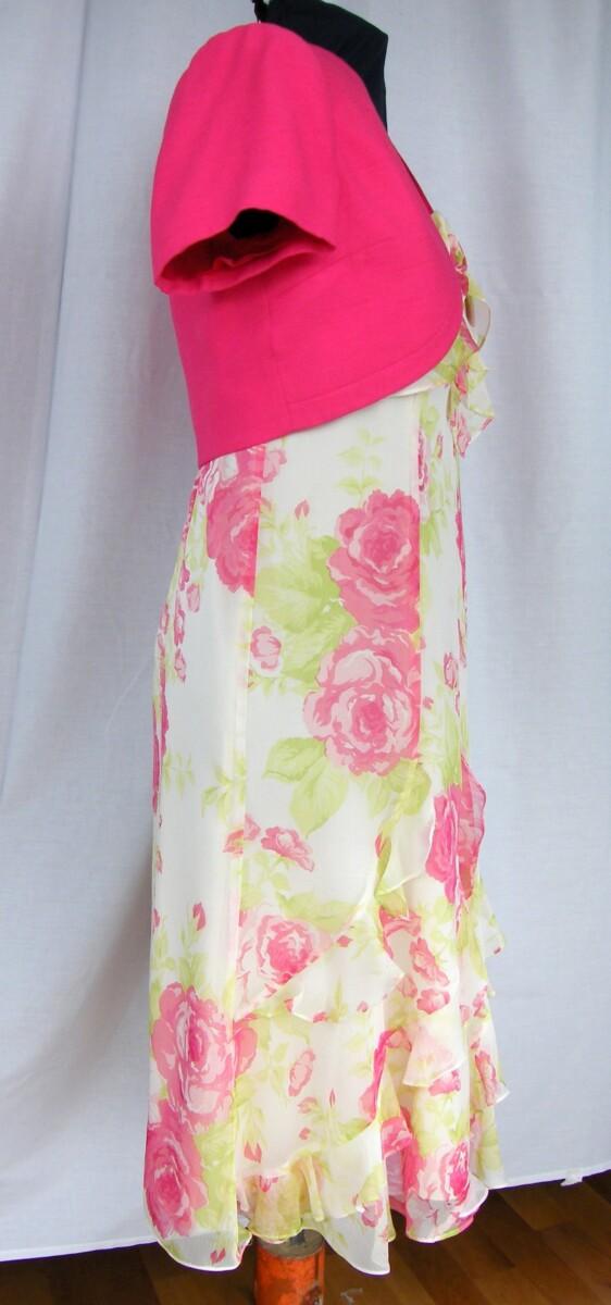 Jacques Vert BLACK TULIP & RUBY ROSE RANGE CREAM CHIFFON DRESS PINK FLORIBUNDA ROSE PRINT & RUBY ROSE PINK SHORT JACKET