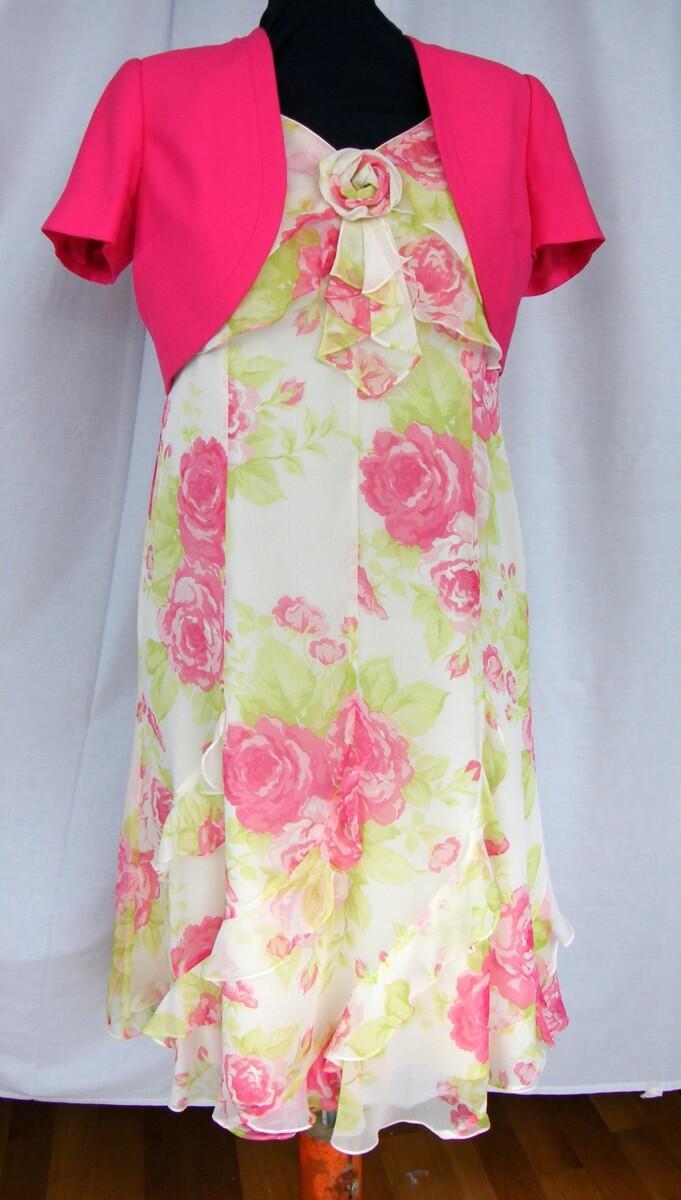 jacques vert BLACK TULIP & RUBY ROSE RANGE CREAM CHIFFON DRESS PINK FLORIBUNDA ROSE PRINT & RUBY ROSE PINK SHORT JACKET