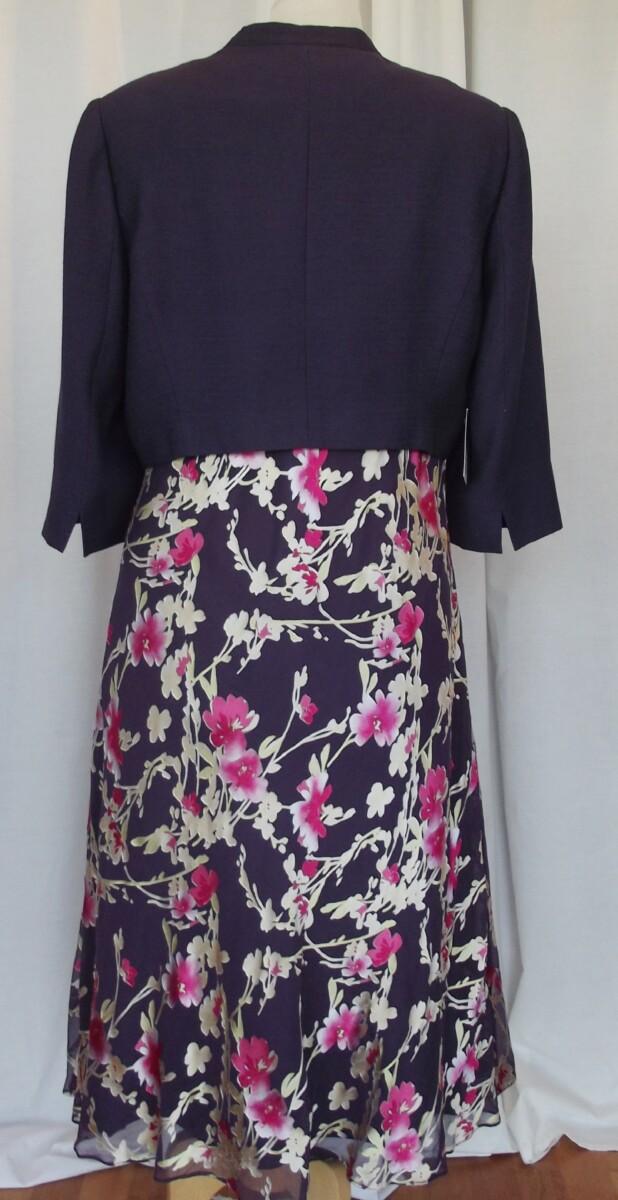 Jacques Vert BLACK TULIP & RUBY ROSE RANGE PURPLE CHIFFON 19% SILK DEVORE DRESS & BLACK TULIP SHORT JACKET