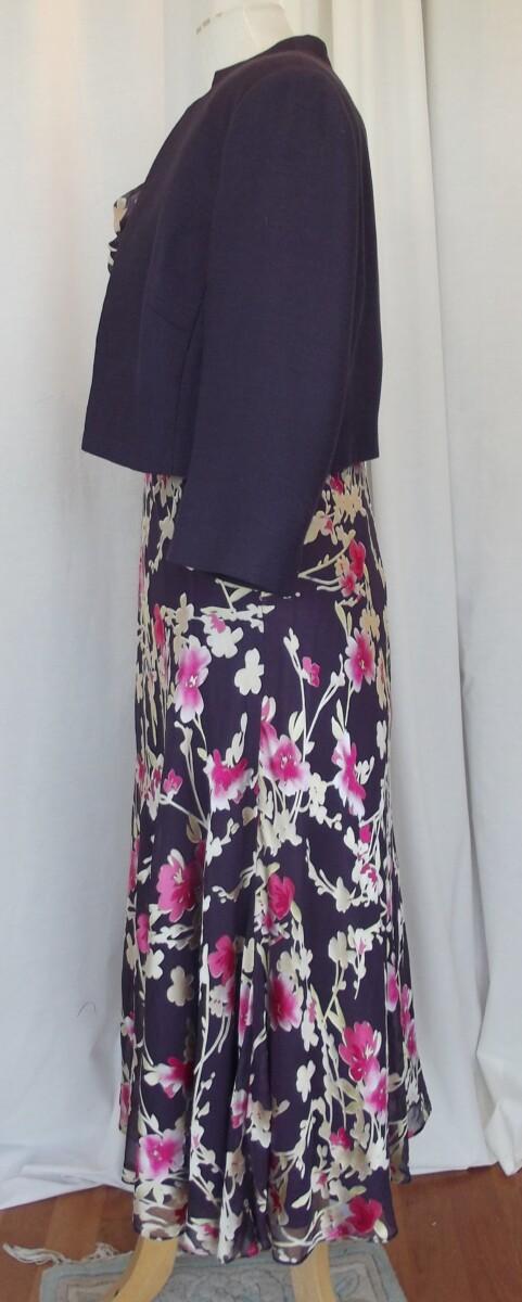 Jacques Vert BLACK TULIP & RUBY ROSE RANGE PURPLE CHIFFON 19% SILK DEVORE DRESS & BLACK TULIP SHORT JACKET