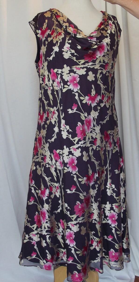 Jacques Vert BLACK TULIP & RUBY ROSE RANGE PURPLE CHIFFON 19% SILK DEVORE DRESS & BLACK TULIP SHORT JACKET