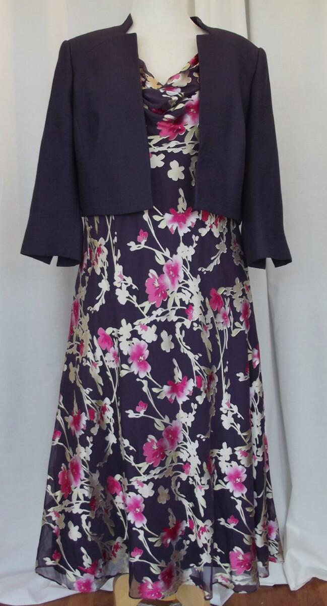jacques vert BLACK TULIP & RUBY ROSE RANGE PURPLE CHIFFON 19% SILK DEVORE DRESS & BLACK TULIP SHORT JACKET