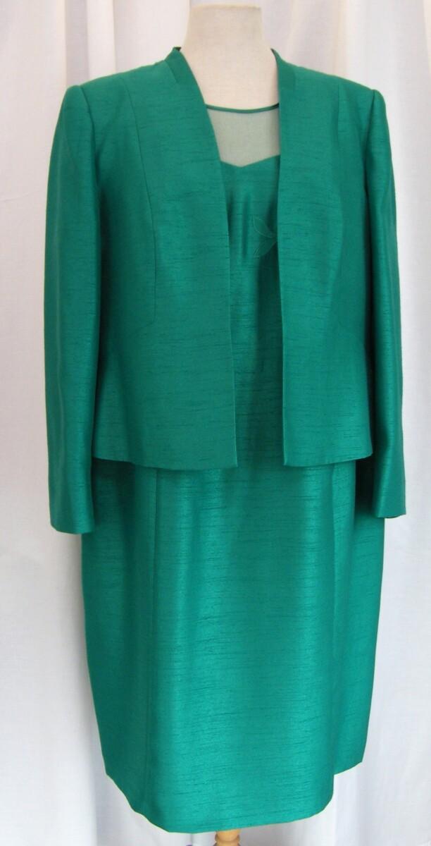 jacques vert BLOOMSBURY RANGE EMERALD GREEN SHANTUNG SHIFT DRESS EMBROIDERY ON BODICE & EMERALD GREEN SHANTUNG JACKET