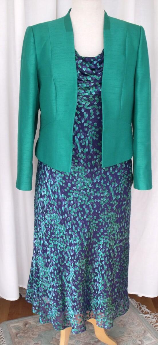 jacques vert BLOOMSBURY RANGE NAVY SILK DEVORE DRESS EMERALD GREEN PRINT & EMERALD GREEN JACKET