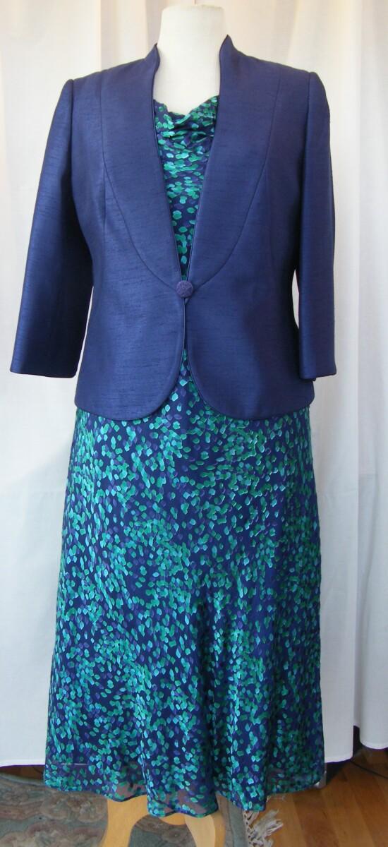 jacques vert BLOOMSBURY RANGE NAVY SILK DEVORE DRESS EMERALD GREEN PRINT & MIDNIGHT BLUE JACKET