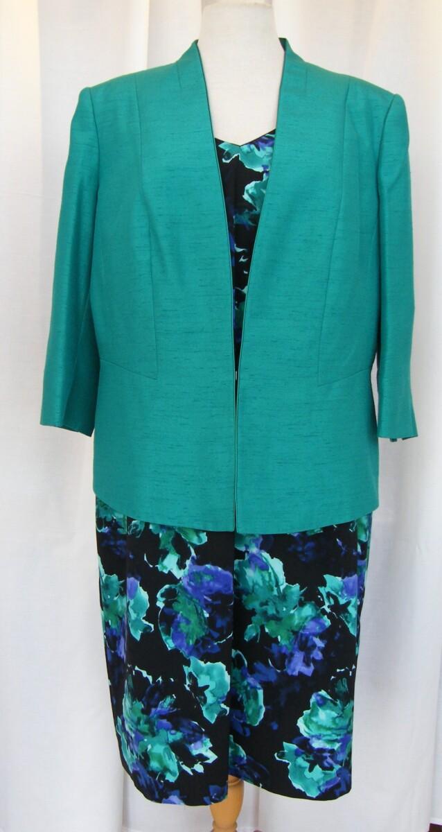 jacques vert BRAND NEW WITH TAGS BLURRED FLORAL PRINT SHIFT DRESS & MATCHING EMERALD GREEN SHANTUNG JACKET
