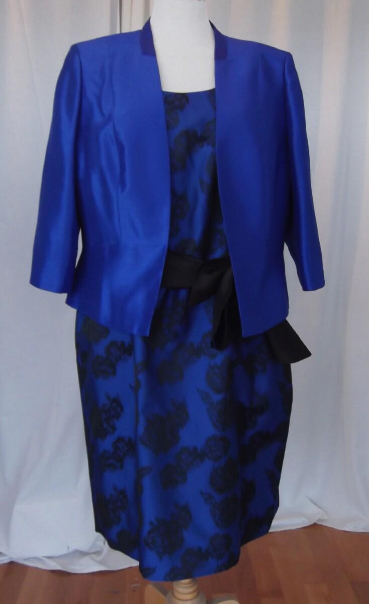 jacques vert BRAND NEW WITH TAGS COBALT BLUE SHANTUNG SHIFT DRESS BLACK FLOWER HEAD PRINT & COBALT BLUE SHIMMER SHANTUNG JACKET OPTIONAL BLACK SATIN SASH
