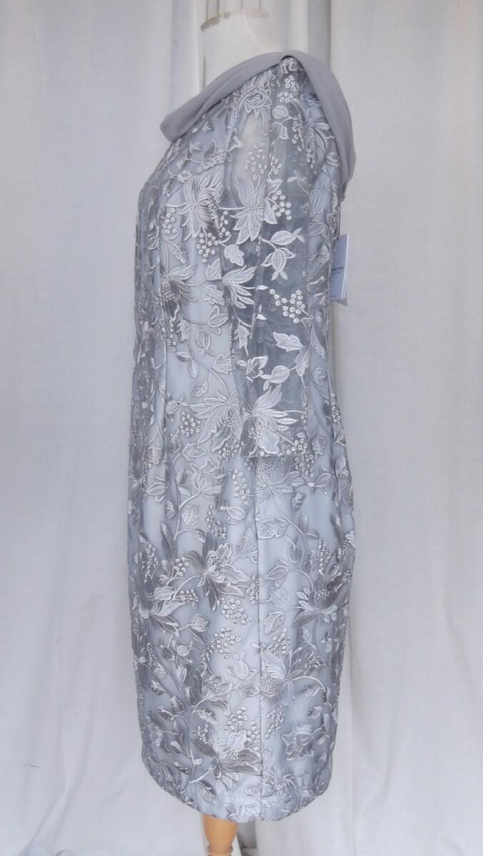 Jacques Vert BRAND NEW WITH TAGS JACQUES VERT COLLECTION 3/4 SLEEVED SHIFT DRESS OF SILVER LUXURIOUS EMBOSSED LACE ON FINE MESH SCARF NECKLINE