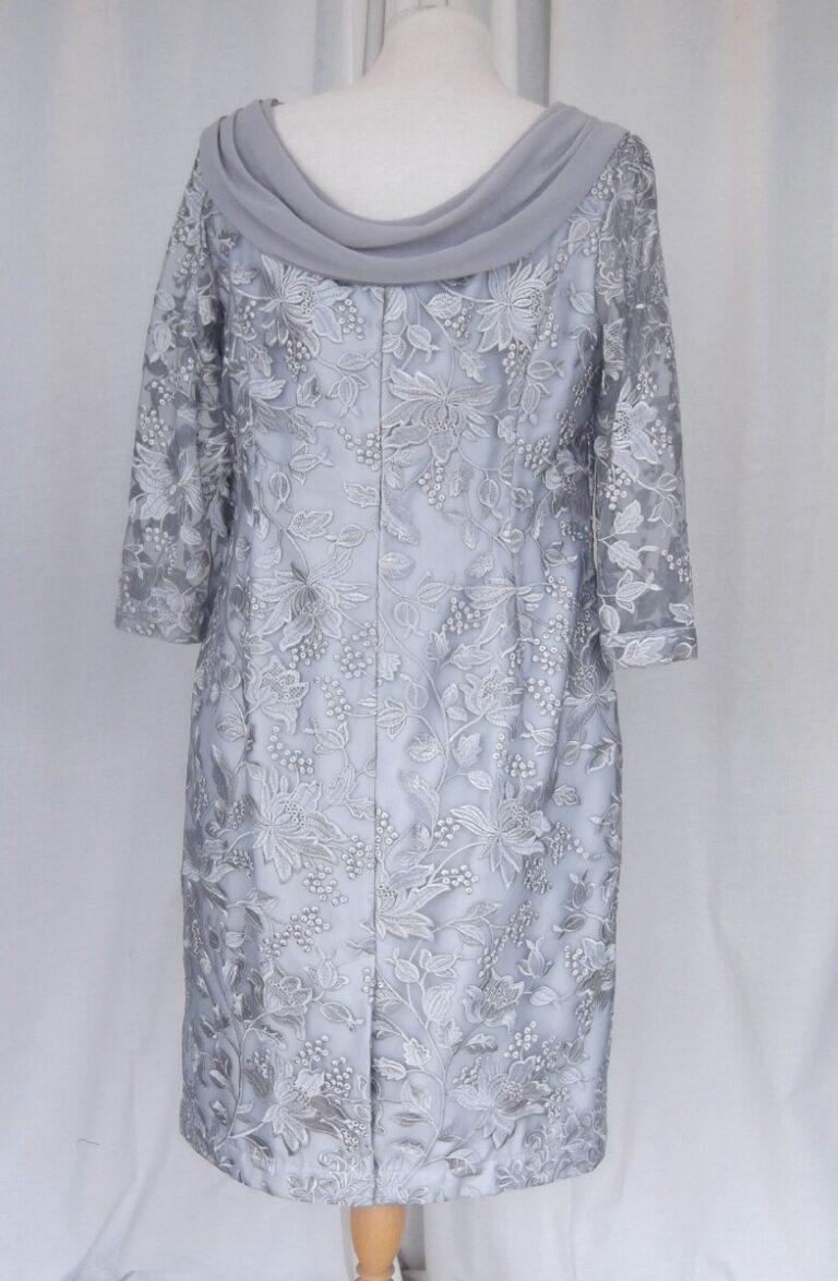 Jacques Vert BRAND NEW WITH TAGS JACQUES VERT COLLECTION 3/4 SLEEVED SHIFT DRESS OF SILVER LUXURIOUS EMBOSSED LACE ON FINE MESH SCARF NECKLINE