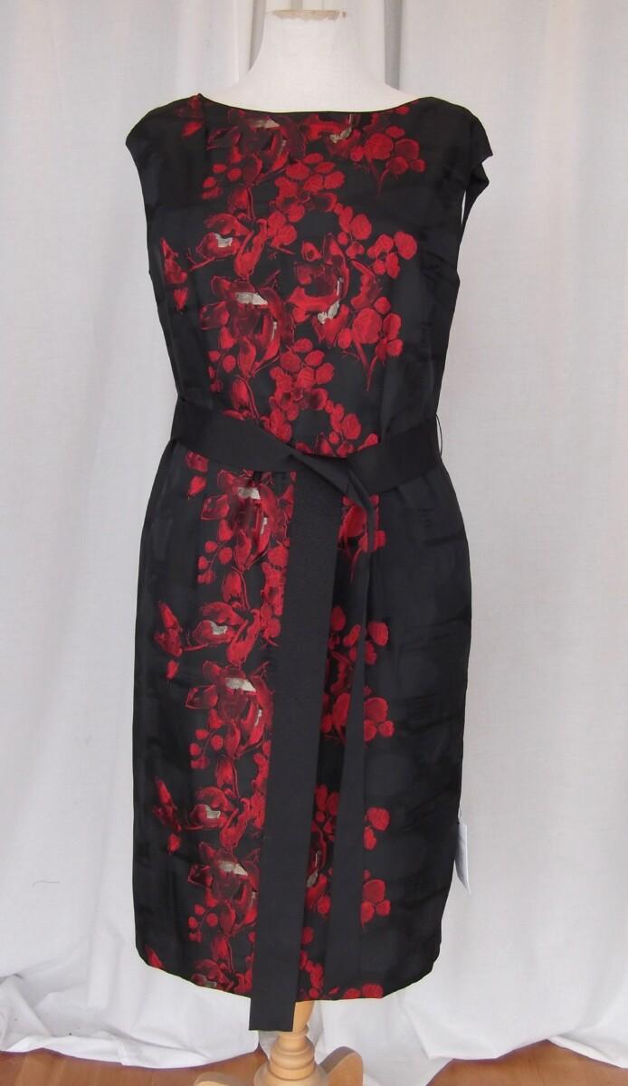 Jacques Vert BRAND NEW WITH TAGS JACQUES VERT COLLECTION MOIRE BLACK SHANTUNG DRESS & COAT WITH VIBRANT RED PLACEMENT PRINT